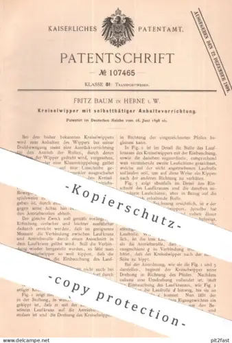 original Patent - Fritz Baum , Herne i. W. | 1898 | Kreiselwipper | Wipper | Schiene , Schienen , Riemen , Eisenbahn