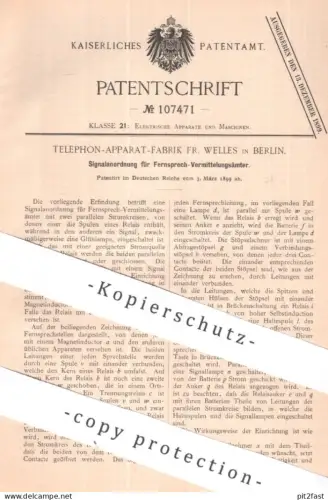 original Patent - Telephon Apparat Fabrik Fr. Welles , Berlin | 1899 | Signale für Fernsprecher Vermittlung | Glühlampe