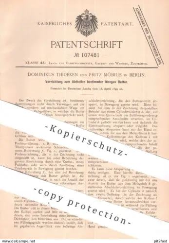 original Patent - Dominikus Tiedeken , Fritz Möbius , Berlin | 1899 | Abteilen bestimmter Mengen Butter | Waage , Molke