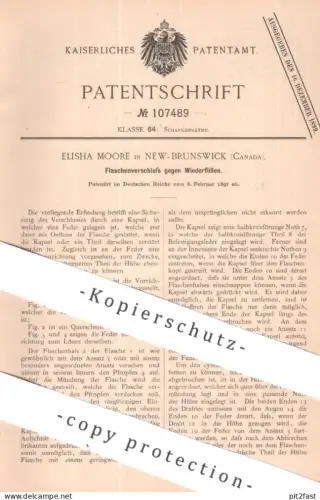 original Patent - Elisha Moore , New Brunswick , Canada Kanada | 1897 | Flaschenverschluss gegen Wiederfüllen | Flasche