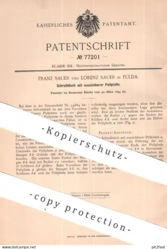 original Patent - Franz Sauer , Lorenz Sauer , Fulda | 1894 | Schreibtisch mit ausziehbarer Pultplatte | Tisch , Pult