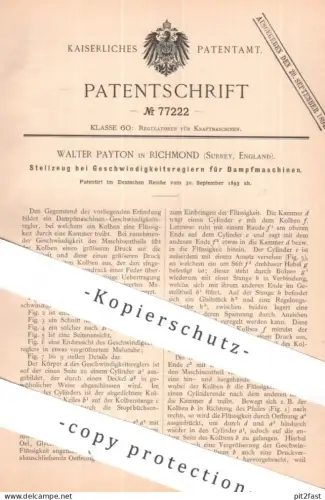 original Patent - Walter Payton , Richmond , Surrey , England | 1893 | Geschwindigkeitsregler an Dampfmaschine | Motor
