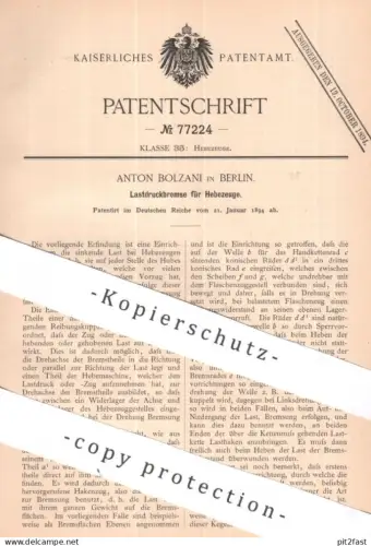 original Patent - Anton Bolzani , Berlin | 1894 | Lastdruckbremse für Hebezeuge | Aufzug , Fahrstuhl , Bremse , Bremsen