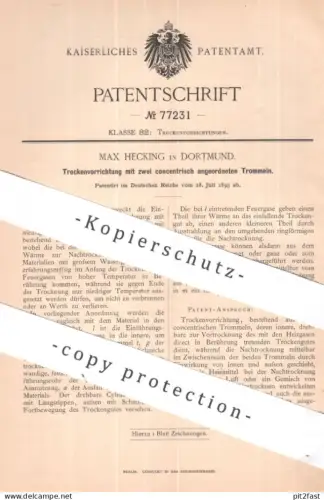 original Patent - Max Hecking , Dortmund | 1893 | Trockenvorrichtung | Trockner , Trocknung , Gebläse , Heizung
