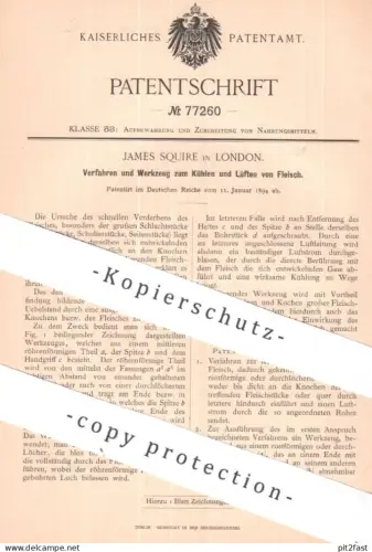 original Patent - James Squire , London , England | 1894 | Werkzeug zum Kühlen u. Lüften von Fleisch | Schlachter Wurst