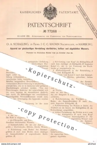 original Patent - O. A. Schalling | J. C. C. Krohn Nachf. Hamburg | 1892 | sterilisiertes, heißes & abgekühltes Wasser