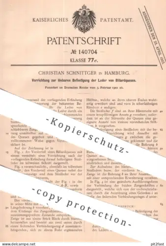 original Patent - Christian Schnittger , Hamburg | 1902 | Leder von Billardqueue | Billard - Queue | Pool , Sport