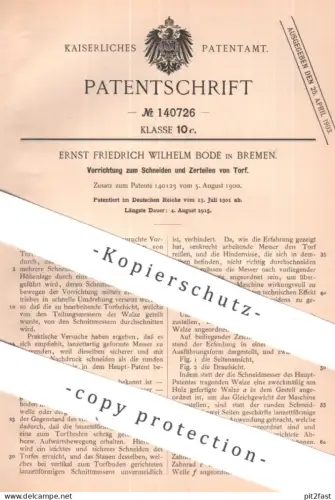 original Patent - Ernst Friedrich Wilhelm Bode , Bremen | 1901 | Schneiden & Zerteilen von Torf | Messer , Schneidmesser
