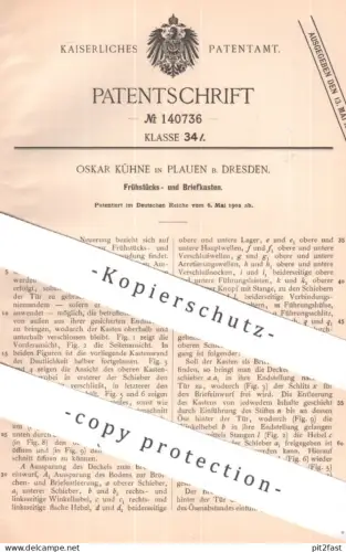original Patent - Oskar Kühne , Plauen / Dresden | 1902 | Frühstückskasten | Briefkasten | Postkasten , Post , Brief !!!