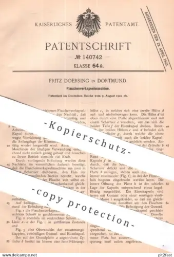 original Patent - Fritz Doersing , Dortmund | 1902 | Flaschenverkapselmaschine | Flaschenverschluss | Korken Weinflasche