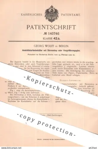 original Patent - Georg Wolff , Berlin | 1902 | Ansichtskartenbehälter mit Stereoskop oder Vergrößerungsglas | Lupe
