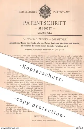 original Patent - Dr. Conrad Zeiszig , Darmstadt | 1902 | Messen von Druck bei Gas o. Dampf | Gase , Dämpfe , Gassäule