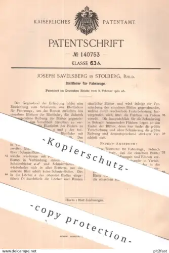 original Patent - Joseph Savelsberg , Stolberg , Rhld. | 1902 | Blattfeder für Fahrzeuge | Fahrzeug Automobil Oldtimer