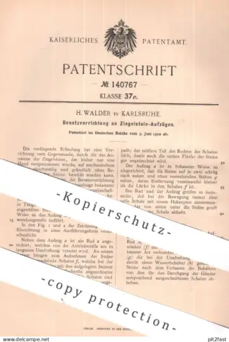 original Patent - H. Walder , Karlsruhe | 1902 | Benetzvorrichtung an Ziegelstein - Aufzug | Ziegel , Ziegelei