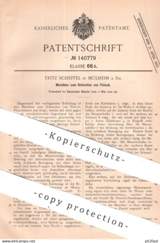 original Patent - Fritz Scheffel , Mülheim a. Rh. | 1902 | Maschine zum Schneiden von Fleisch | Schlachterei , Fleischer