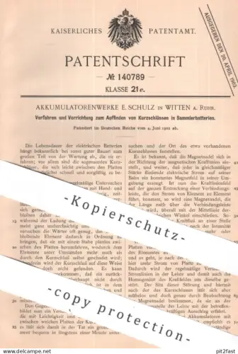 original Patent - Akkumulatorenwerke E. Schulz , Witten / Ruhr | 1902 | Kurzschluss in Sammlerbatterien | Batterie Akku