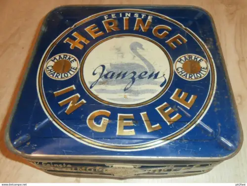 Feinste Heringe - Franz Janzen in Schwaan b. Rostock i. Mecklenburg ,ca.1905 Fisch , Räucherei , alte Blechdose , Deckel