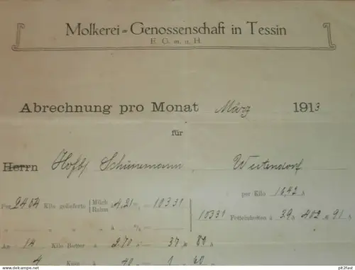 Molkerei Genossenschaft in Tessin , 1913 , altes Dokument , Mecklenburg !!