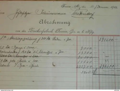Zuckerfabrik in Tessin , 1923 , altes Dokument , Weitendorf , Mecklenburg !!