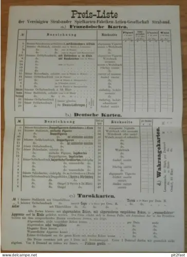 Stralsunder Spielkarten Fabrik in Stralsund , Preisliste Spielkarten Mecklenburg