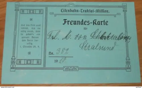 Ausweis-Karte der Eisenbahn Traktat Mission 1910 , Stralsund , Mecklenburg !!