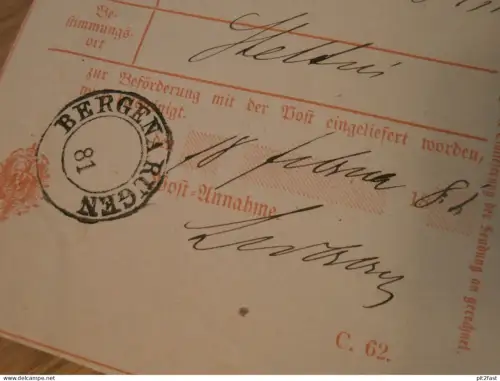 Bergen a. Rügen , 1881 , Post Einlieferungsschein , nach Stettin , Mecklenburg !