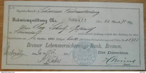 Prämien-Quittung Neubrandenburg 1891 , Neuendorf b. Neubrandenburg , Versicherung , Mecklenburg !!