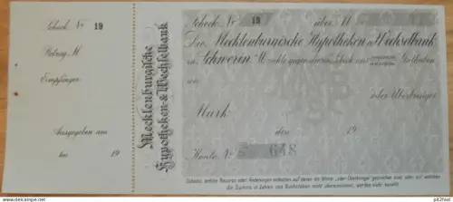 alter Scheck , Hypotheken- und Wechselbank Schwerin , ca. 1910 , Mecklenburg !!