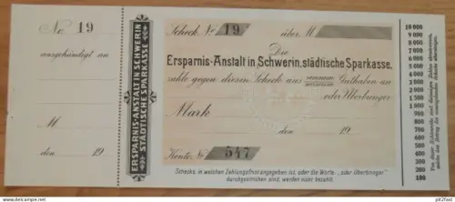 alter Scheck , Ersparnis-Anstalt Schwerin , ca. 1910 , Mecklenburg !!