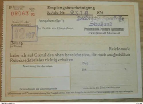 alter Scheck , Stralsund , ca. 1935 , Provinzialbank Pommern , Mecklenburg !!