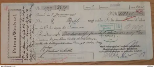Rittergutsbesitzer Henning von Oertzen auf Rattey ,1933, Wechsel ,Marken und Stempel , Brohm Friedland , Neubrandenburg
