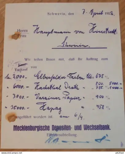 Hauptmann von Himstedt in Schwerin , 1922 , alte Quittung , Scheck , Depositen- und Wechselbank , Effekten Mecklenburg !