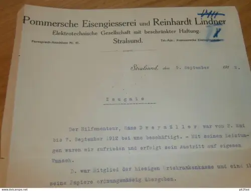 Pommersche Eisengiesserei in Stralsund , 1912 , R. Lindner , Zeugnis , Pommern , Mecklenburg !!