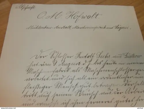 Mühlenbau-Anstalt - O. Hofwolt in Rostock i. Mecklenburg , 1898 , Maschinenfabrik , Polizei , Güstrow , Dokument !!