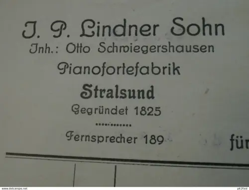 Pianoforte-Fabrik in Stralsund i. Mecklenburg ,1922 , Barth , Klavier , J. Lindner , Reklame / Werbung !!