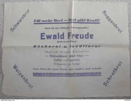 Bäckerei - Ewald Freude in Gützkow i. Pommern , ca. 1930 , Reklame / Werbung , Einpack-Papier , Brot , Mecklenburg !!