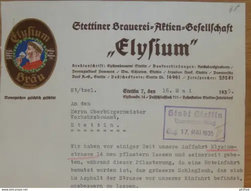 Elysium Brauerei in Stettin , 1935, Oberbürgermeister , Pommern , Bier , Mecklenburg !!