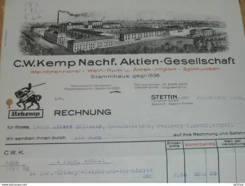 Brennerei Kemp in Stettin i. Pommern , 1928 , Urkemp , Alkohol , Feldberg !!