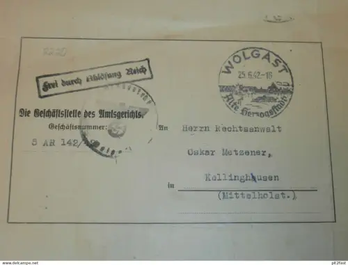 Rechtsstreit - Wolgast , 1942 , Mecklenburg , Stempel , Kellinghusen , Gericht !