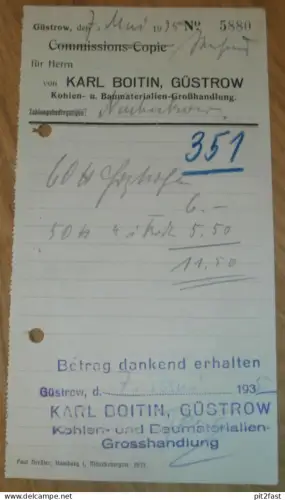 Kohlenhandel - Karl Boitin in Güstrow i. Mecklenburg , 1935 , alte Rechnung !!!