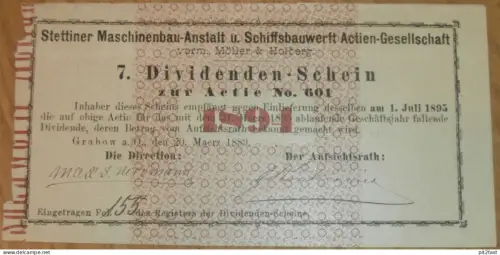 Schiffsbau Stettin , 1894 , Dividendenschein Aktie , Grabow a.O. , Mecklenburg , Pommern !!
