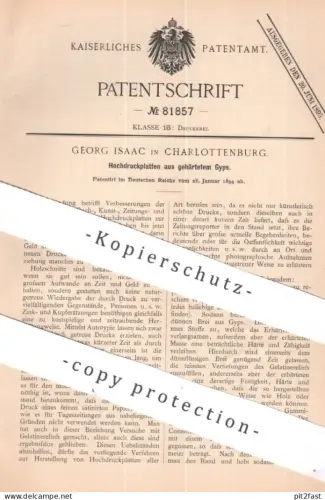 original Patent - Georg Isaac , Berlin / Charlottenburg | 1894 | Hochdruckplatten aus gehärtetem Gyps | Gips | Druck !!