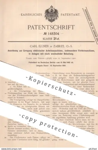original Patent - Carl Ilgner , Zabrze | Schlesien | 1902 | Erregung elektrischer Arbeitsmaschinen , Fördermaschinen !!