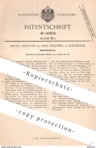 original Patent - Bruno Gernoth , Max Steinweg , Dortmund | 1902 | Schmelzsicherung | Lichtbogen , Gas , Hochspannung !
