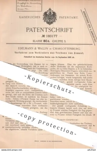 original Patent - Edelmann & Wallin , Berlin / Charlottenburg | 1905 | Verhindern des Treibens von Zement | Beton , Kalk