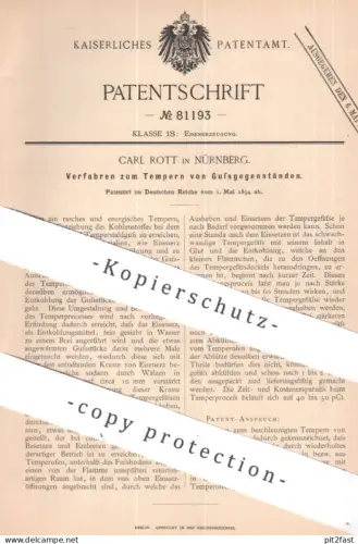 original Patent - Carl Rott , Nürnberg | 1894 | Tempern von Gussgegenstand | Gusseisen , Eisenguss , Stahl , Eisen !!