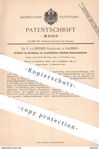 original Patent - Dr. F. von Heyden Nachfolger , Dresden / Radebeul | 1894 | wasserlösliches Aluminium Ammoniumsalicylat