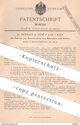 original Patent - Dr. Rickmann & Rappe , Köln / Kalk | 1897 | Darstellung von Borsäure und Borax | Säure , Chemie