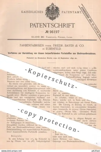 original Patent - Farbenfabriken vorm. Friedr. Bayer & Co Köln Elberfeld | 1892 | Farbstoff aus Dinitroanthrachin | blau