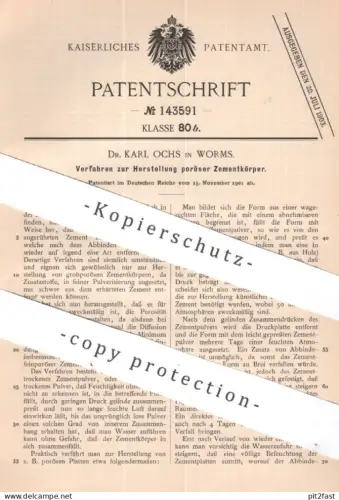 original Patent - Dr. Karl Ochs , Worms | 1901 | poröse Zementkörper | Diaphragma , Elektrochemie , Zement , Beton